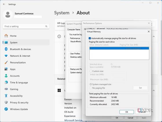 Virtual memory settings in Windows 11