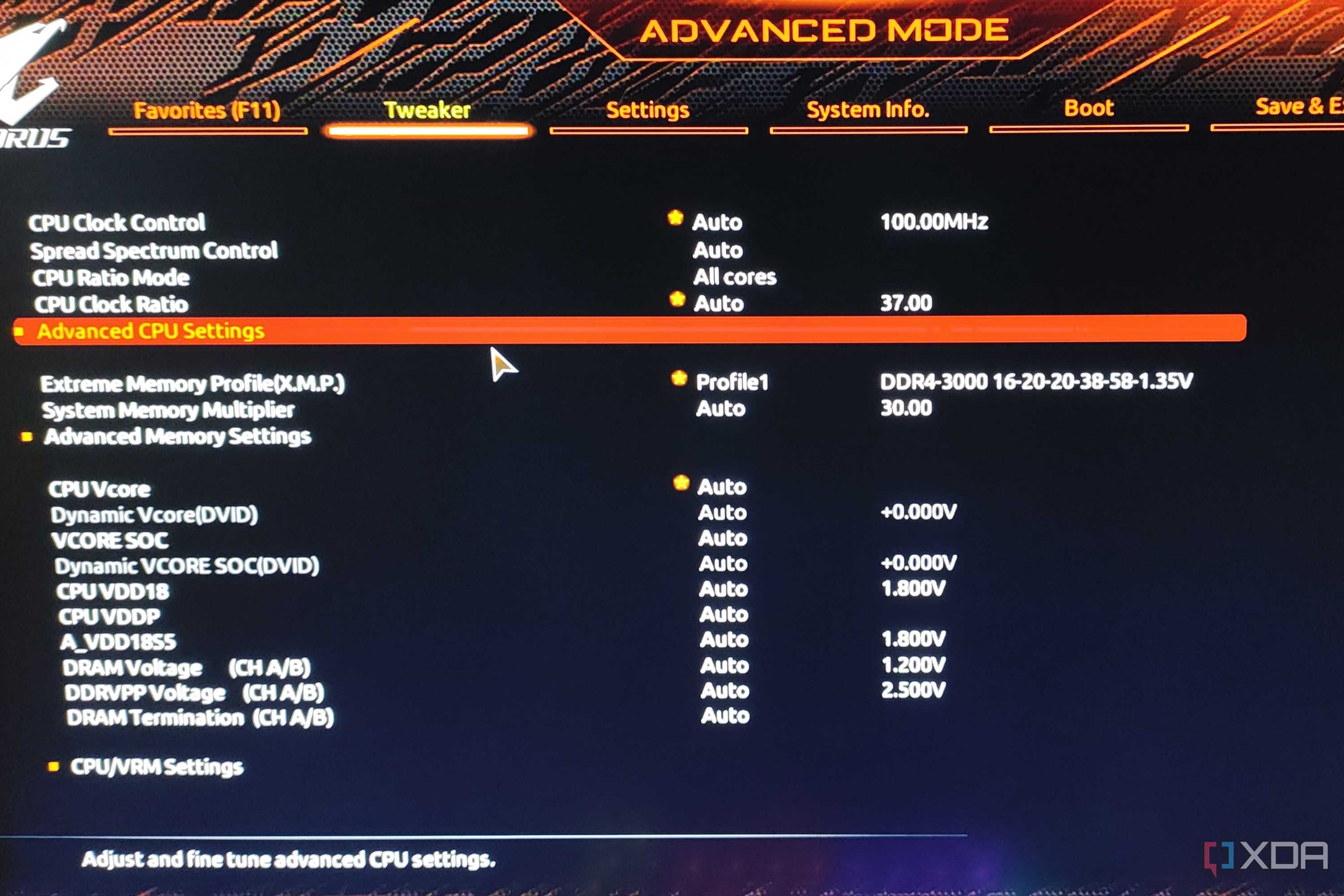 The Advanced CPU settings in the Gigabyte Aorus BIOS