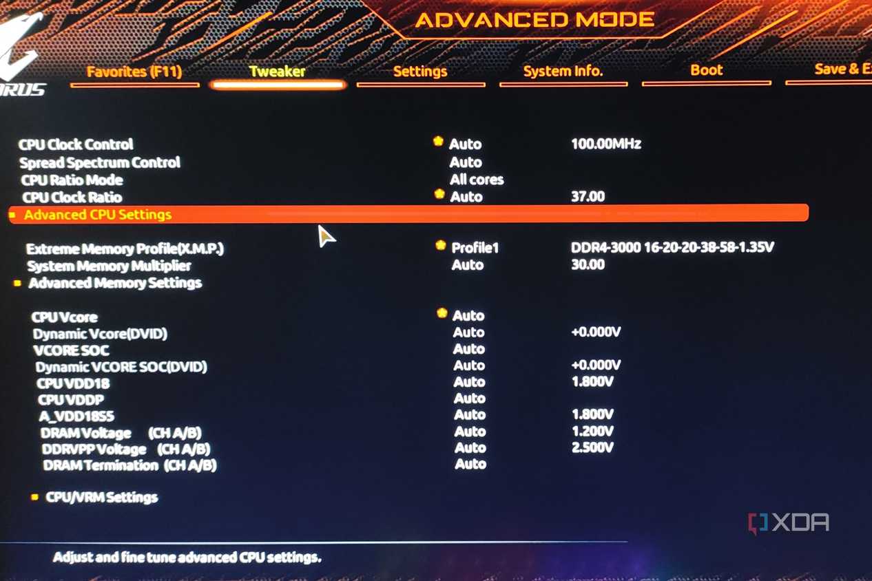 The Advanced CPU settings in the Gigabyte Aorus BIOS