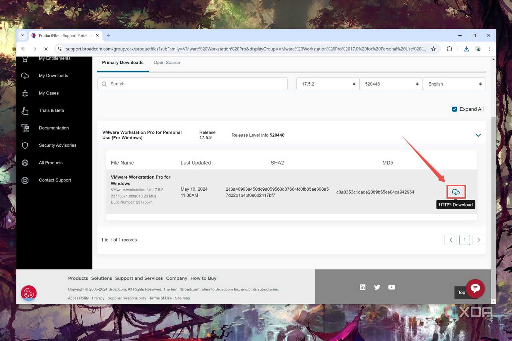The HTTPS Download button highlighted on Broadcom's website
