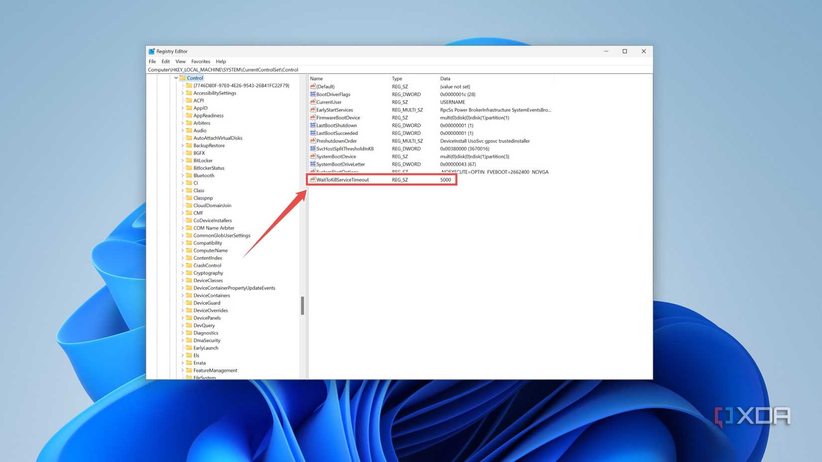 Changing the value of the WaitToKillServiceTimeout integer in the Registry Editor