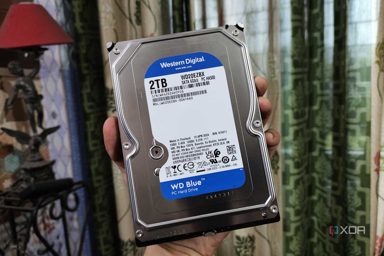 A person holding a WD Blue HDD