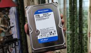 A person holding a WD Blue HDD