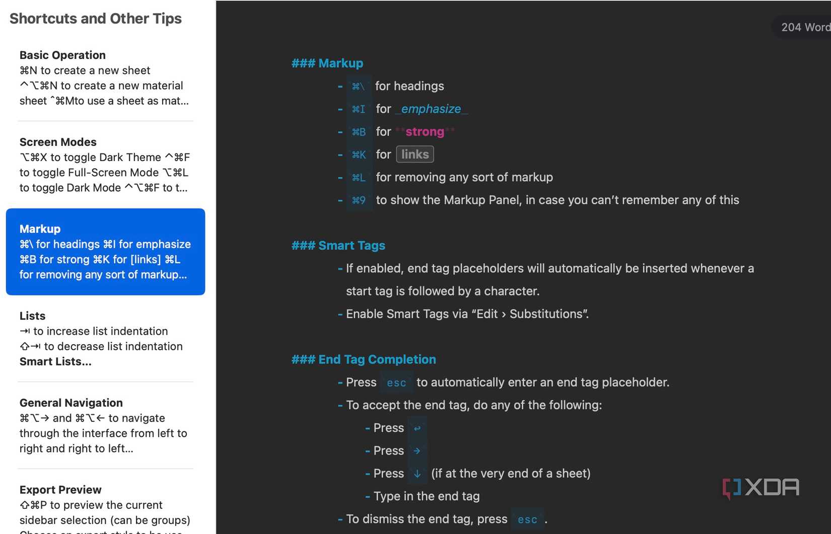 Keyboard shortcuts in Ulysses