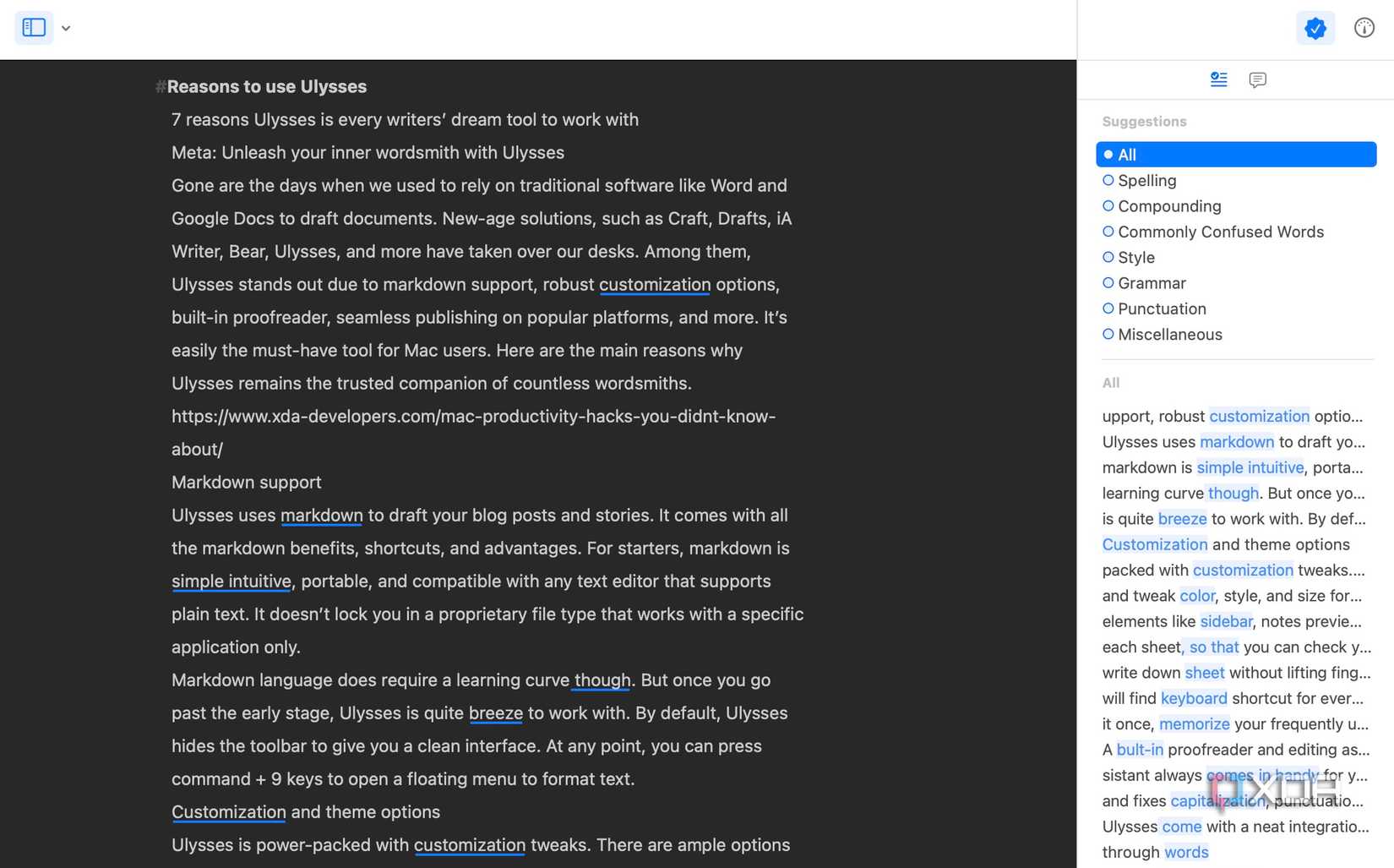 editing assistance in Ulysses