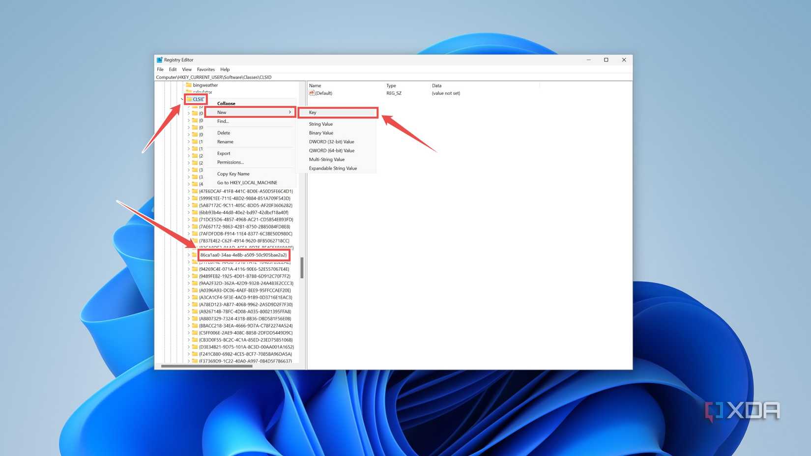 Creating a new key inside the CLSID directory in the Registry Editor