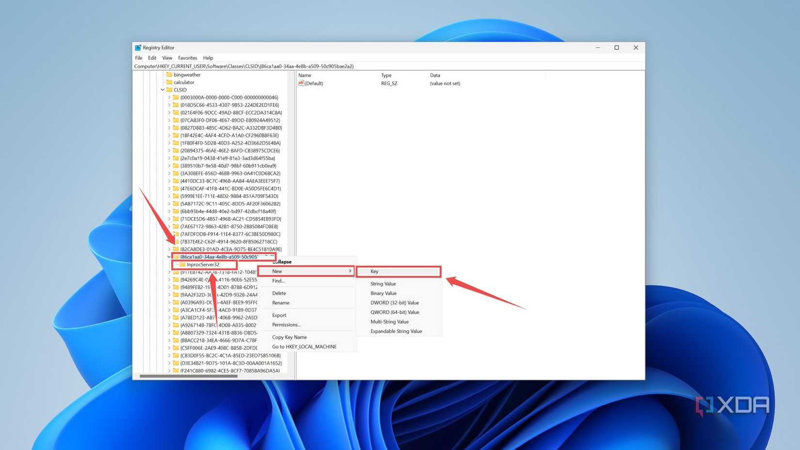 Creating a new key called InprocServer32 directory in the Registry Editor