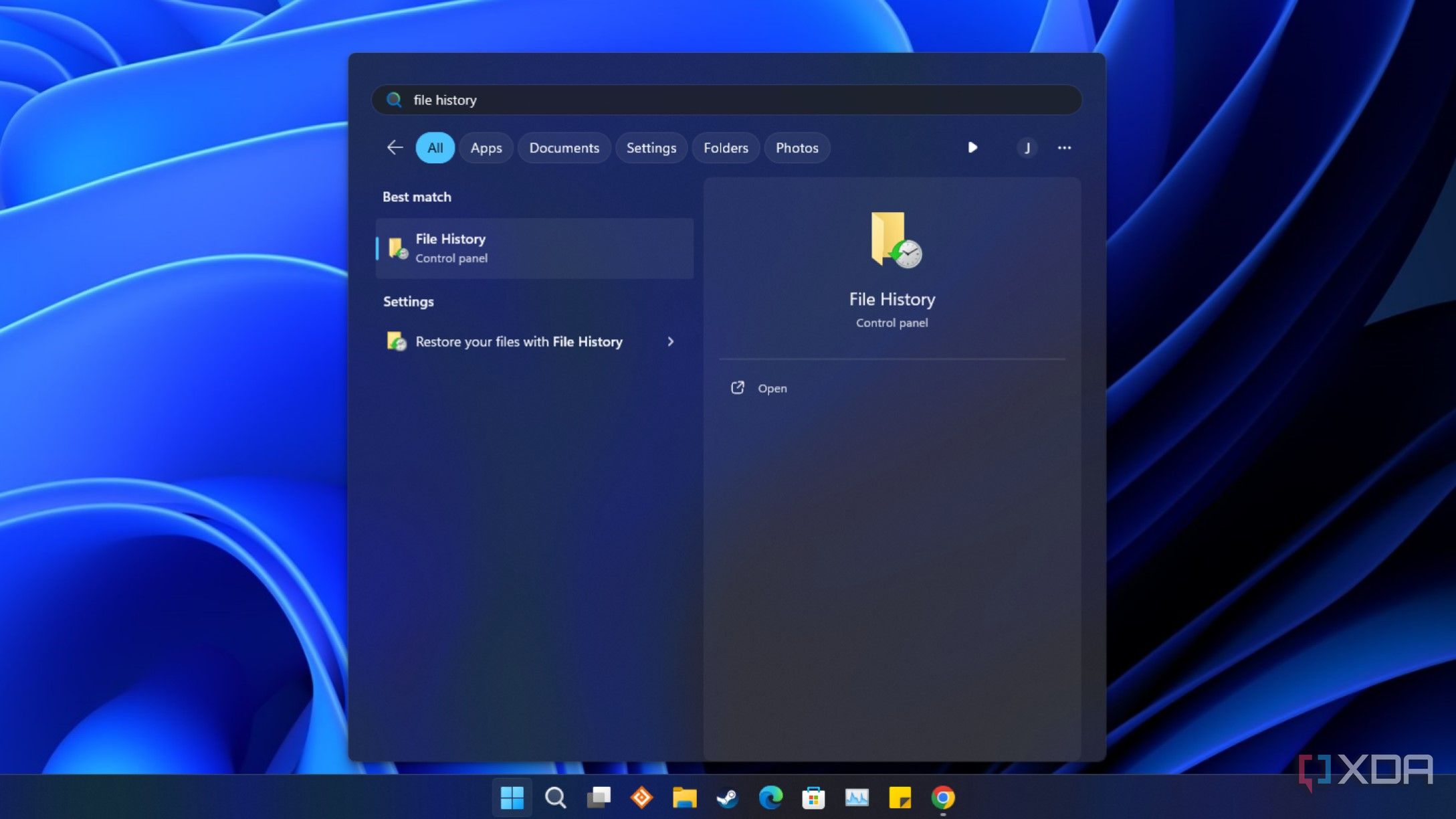 screenshot of windows start menu with file history in the search results