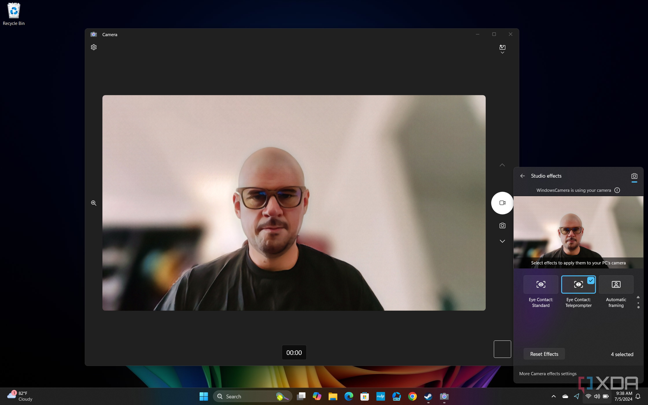 Screenshot of Windows 11 desktop previewing Windows Studio effects in Quick settings, with Eye Contact Teleprompter enabled