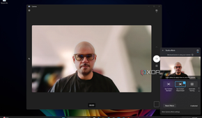 Screenshot of Windows 11 desktop previewing Windows Studio effects in Quick settings, with Eye Contact Teleprompter enabled