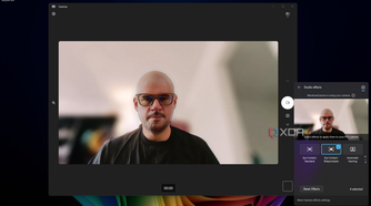 Screenshot of Windows 11 desktop previewing Windows Studio effects in Quick settings, with Eye Contact Teleprompter enabled