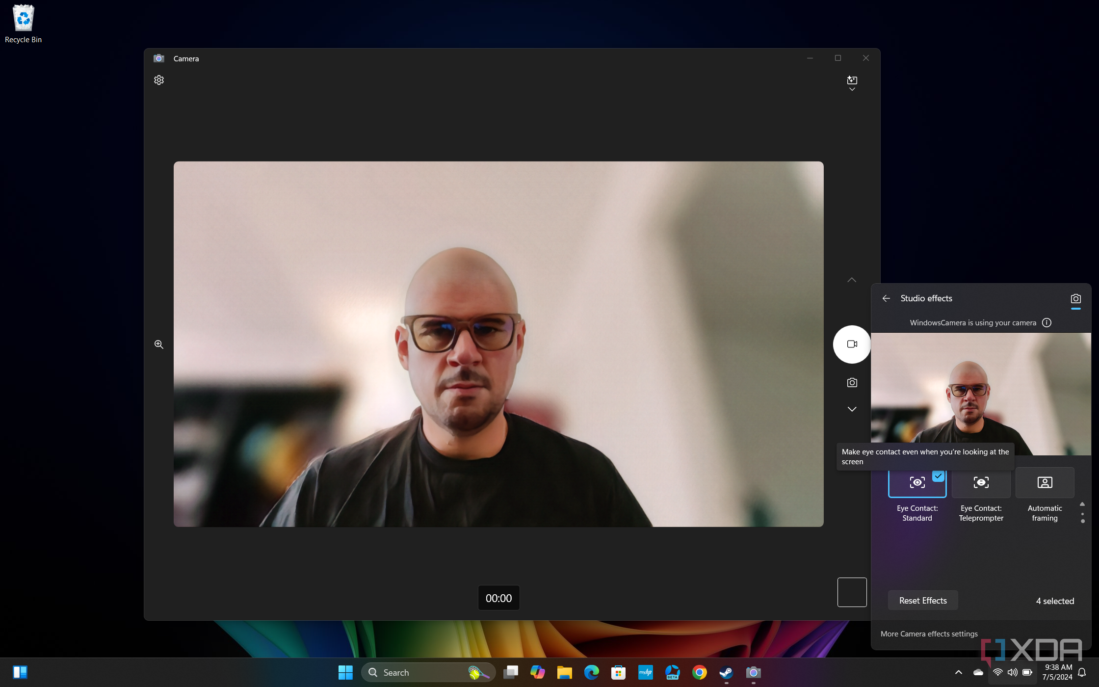 Screenshot of Windows 11 desktop previewing Windows Studio effects in Quick settings, with standard Eye Contact enabled