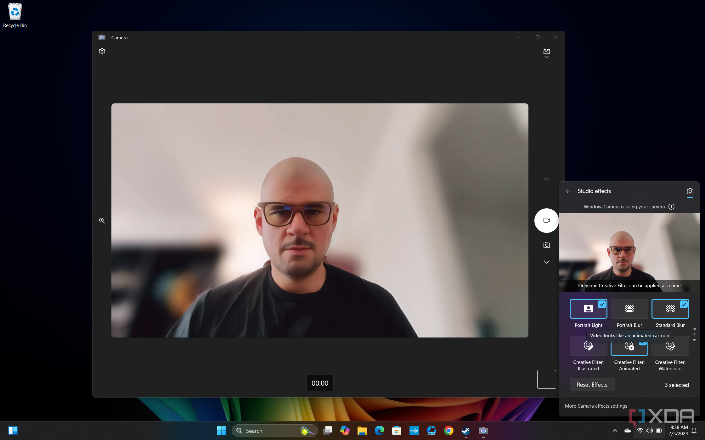 Screenshot of Windows 11 desktop previewing Windows Studio effects in Quick settings, with Portrait light, Portrait blur, and an Animated filter applied