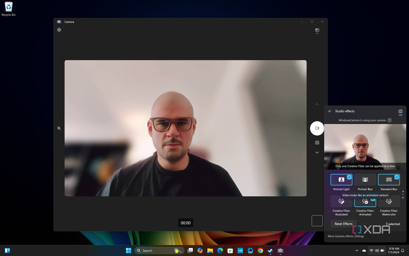 Screenshot of Windows 11 desktop previewing Windows Studio effects in Quick settings, with Portrait light, Portrait blur, and an Animated filter applied
