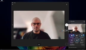 Screenshot of Windows 11 desktop previewing Windows Studio effects in Quick settings, with Portrait light, Portrait blur, and an Animated filter applied