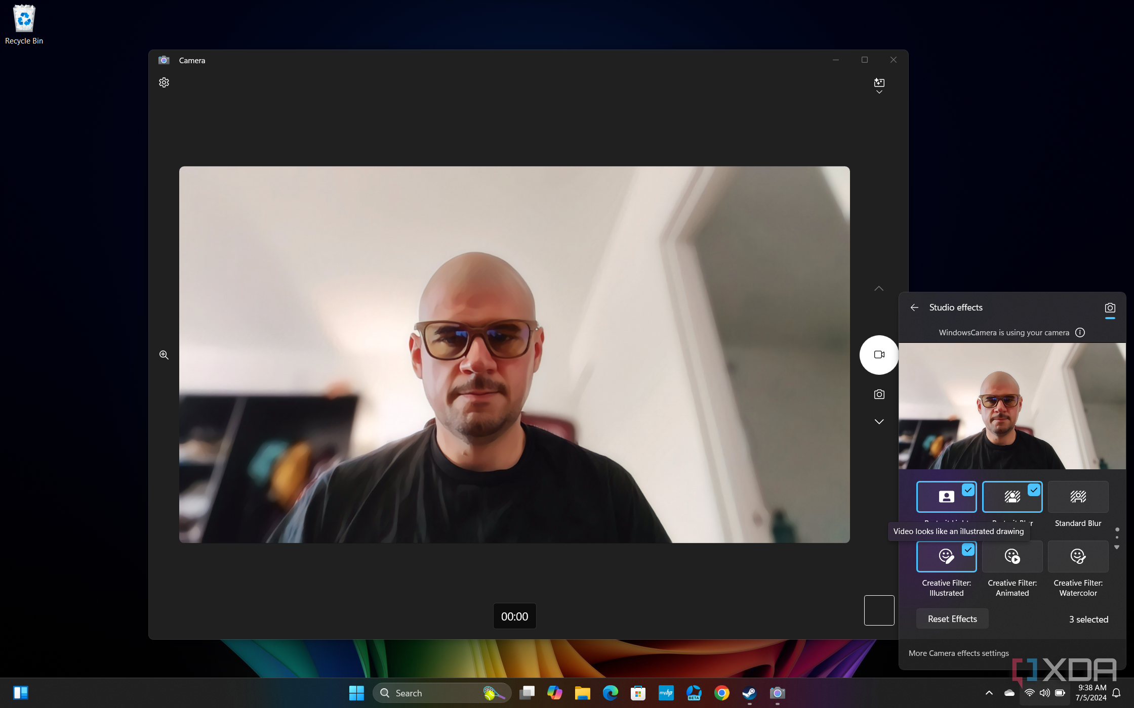 Screenshot of Windows 11 desktop previewing Windows Studio effects in Quick settings, with Portrait light, Portrait blur, and a Illustrated filter applied