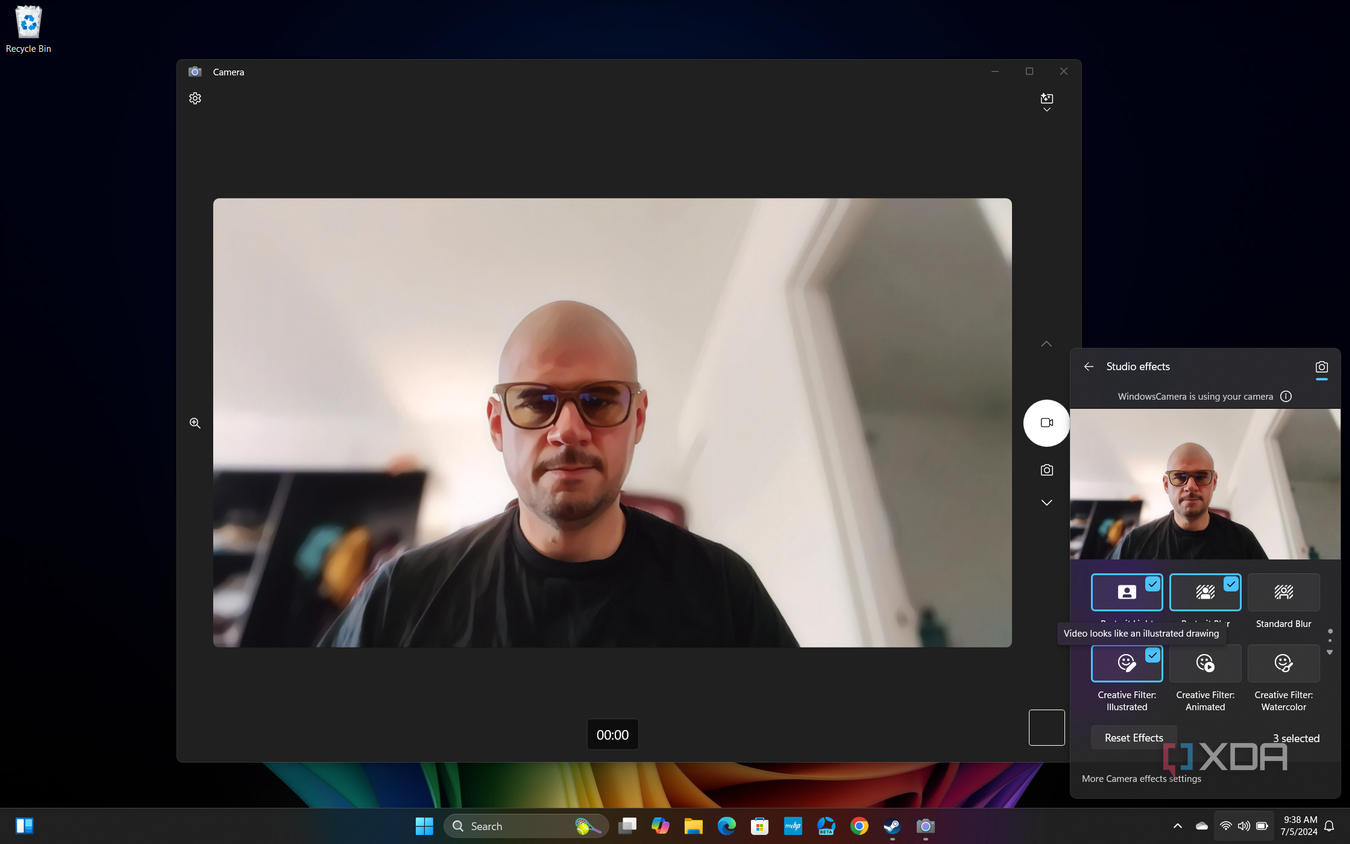 Screenshot of Windows 11 desktop previewing Windows Studio effects in Quick settings, with Portrait light, Portrait blur, and a Illustrated filter applied