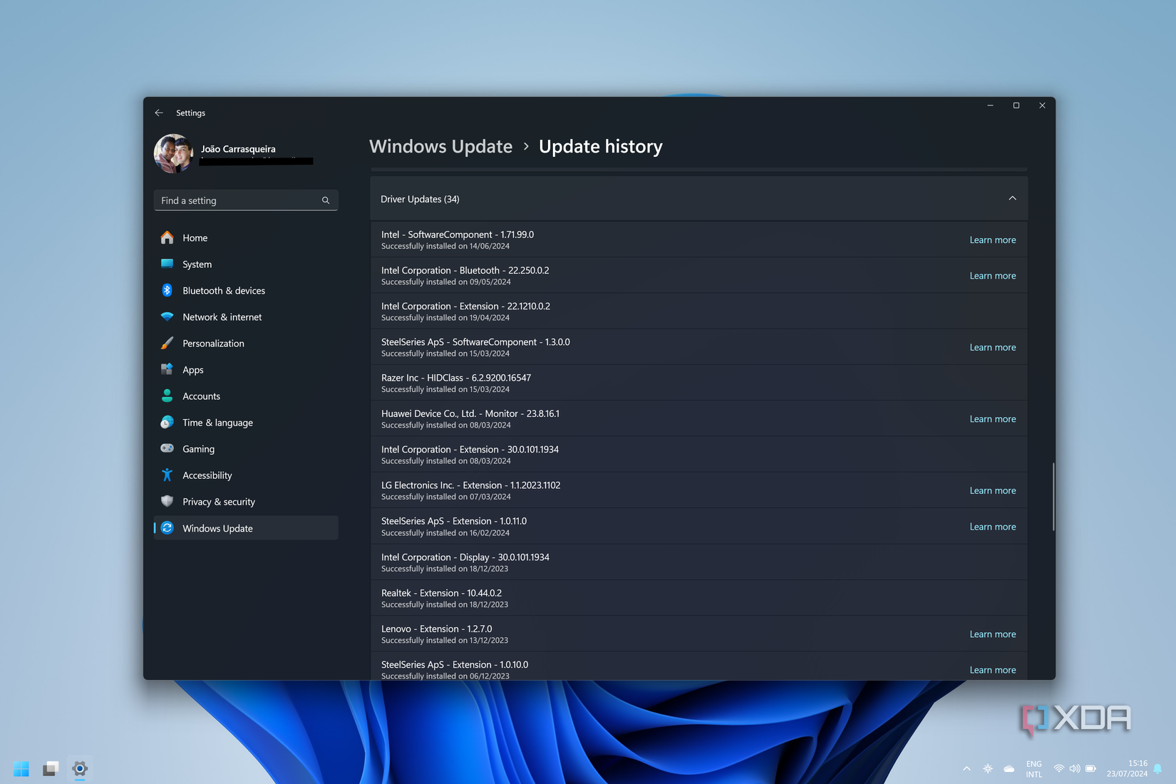 Screenshot of Windows Update history showing recent driver updates