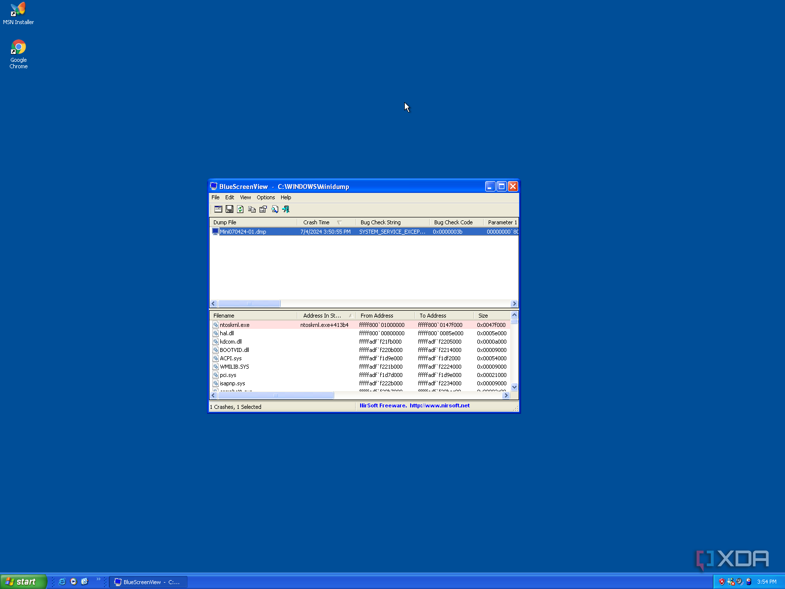 Screenshot of BlueScreenView running in Windows XP