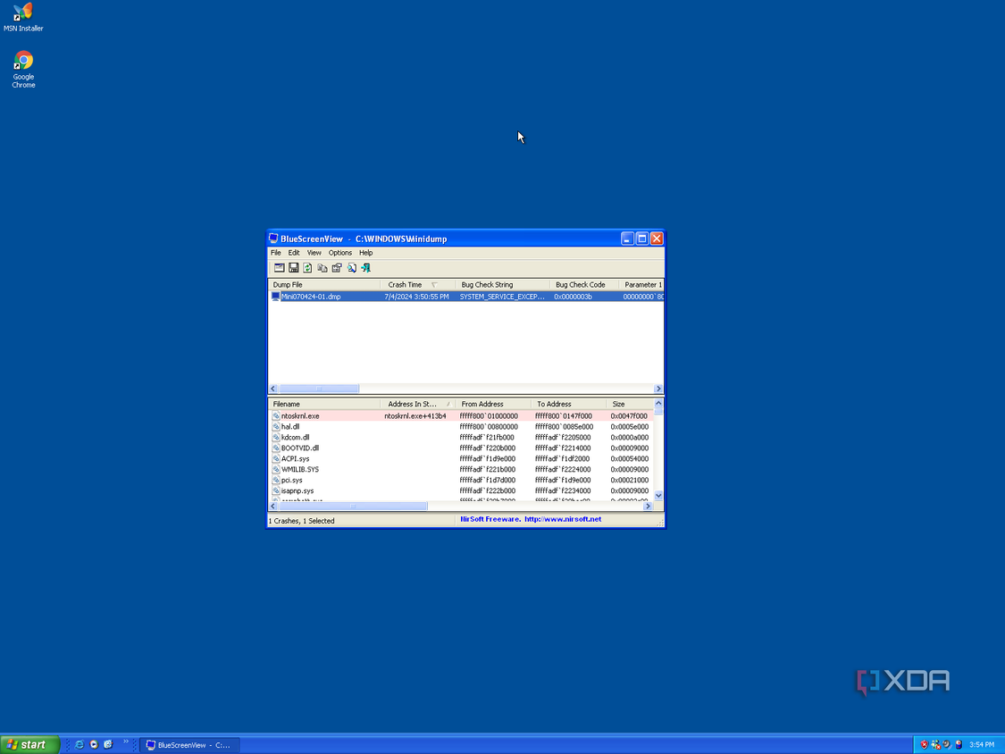 Screenshot of BlueScreenView running in Windows XP