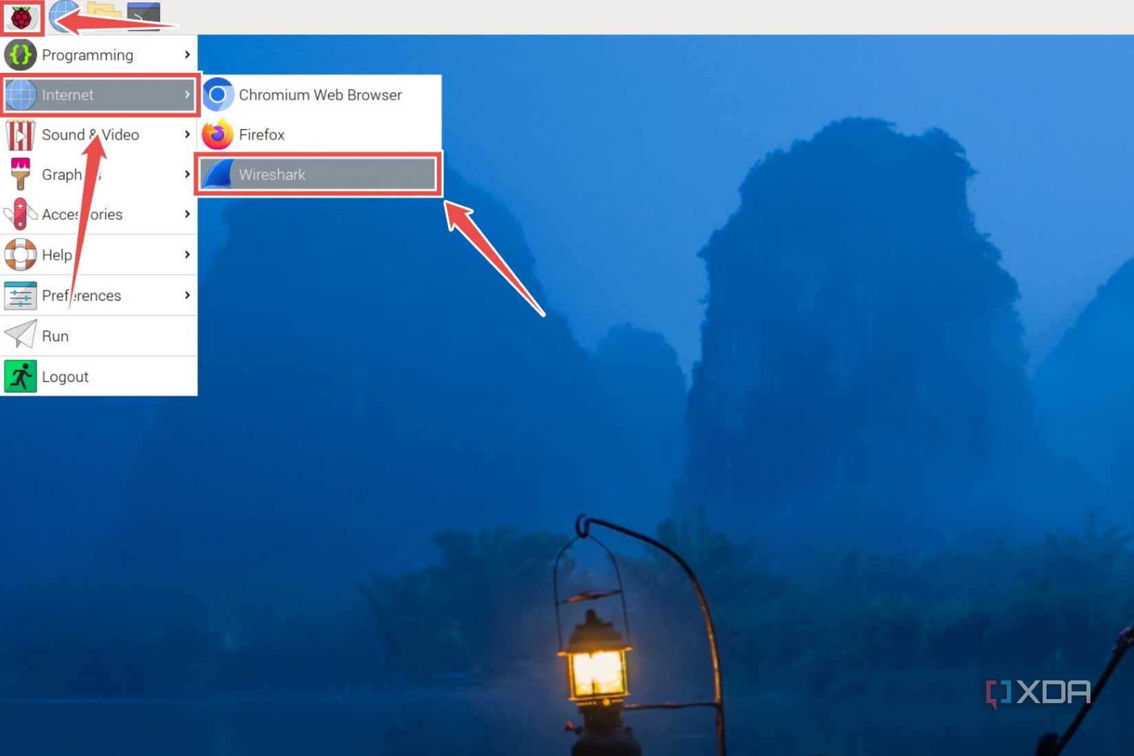 The procedure to launch Wireshark in the Raspberry Pi OS