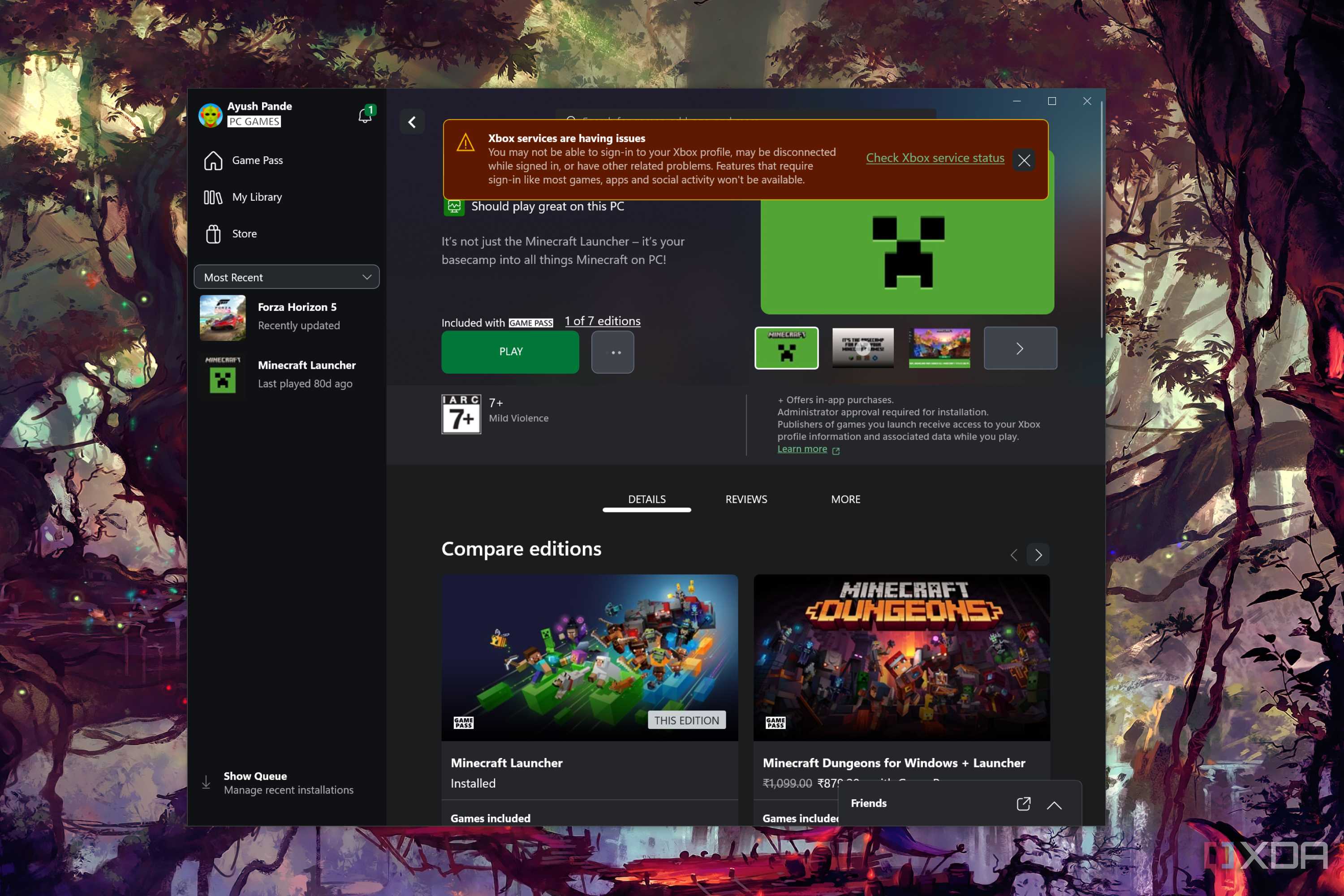 The Xbox app with the error notification displayed