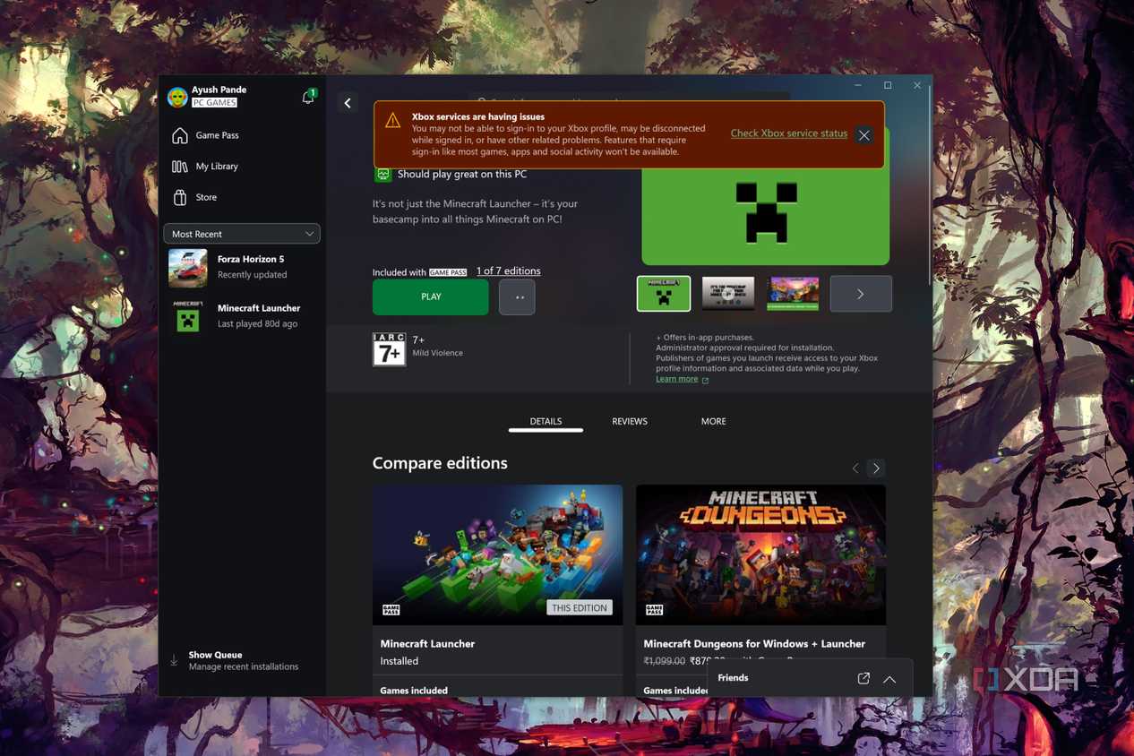 The Xbox app with the error notification displayed