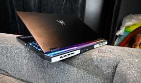 Rear shot of light up Acer Predator Helios 16 (2024) with replacement vent covers