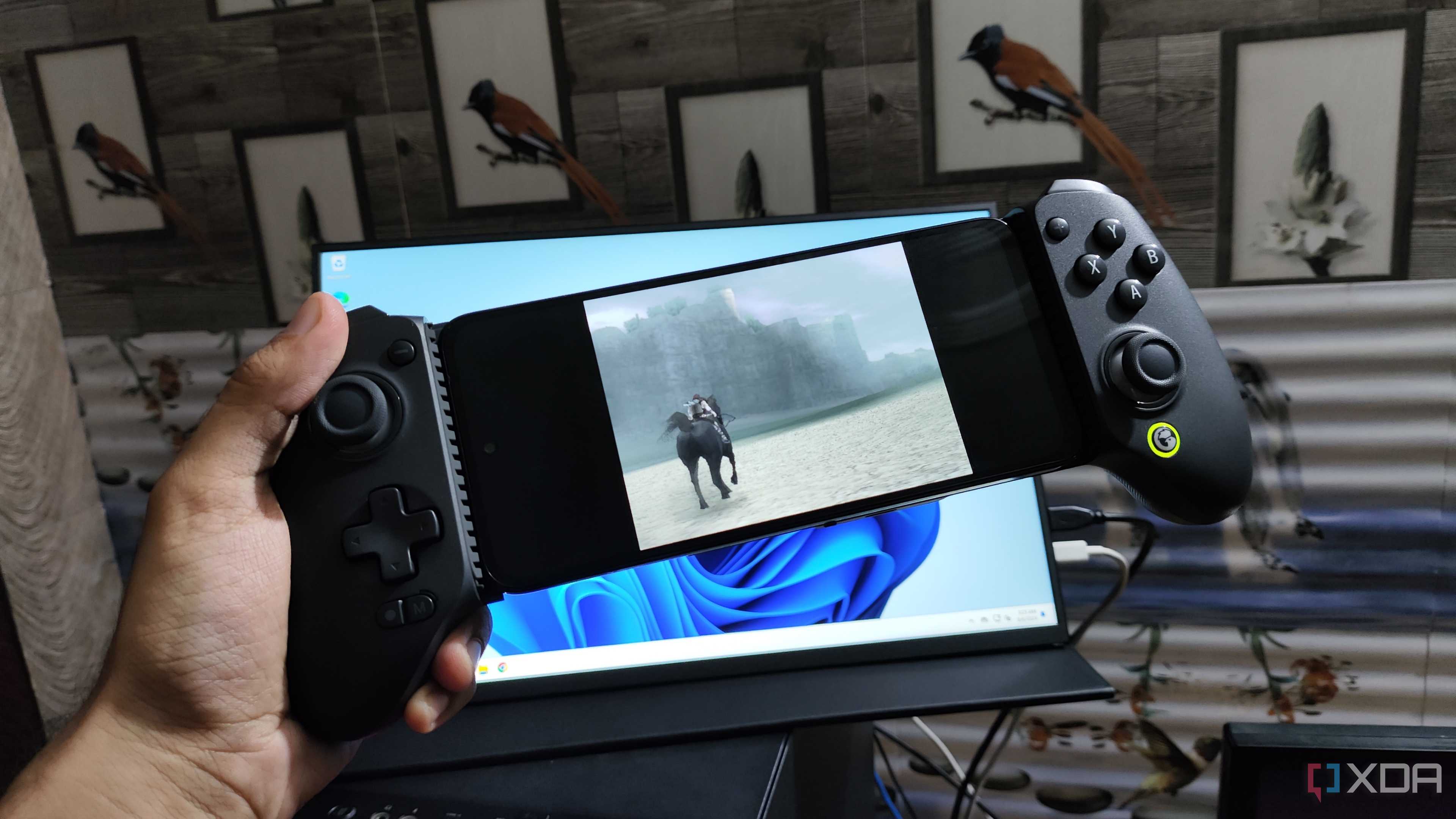 A Poco M6 Pro running Shadow of the Colossus via AetherSX2, with a GameSir Galileo G8+ attached to the phone