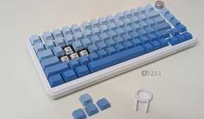 A blue-white keyboard on a white surface showing keycaps, switches, and a keycap puller
