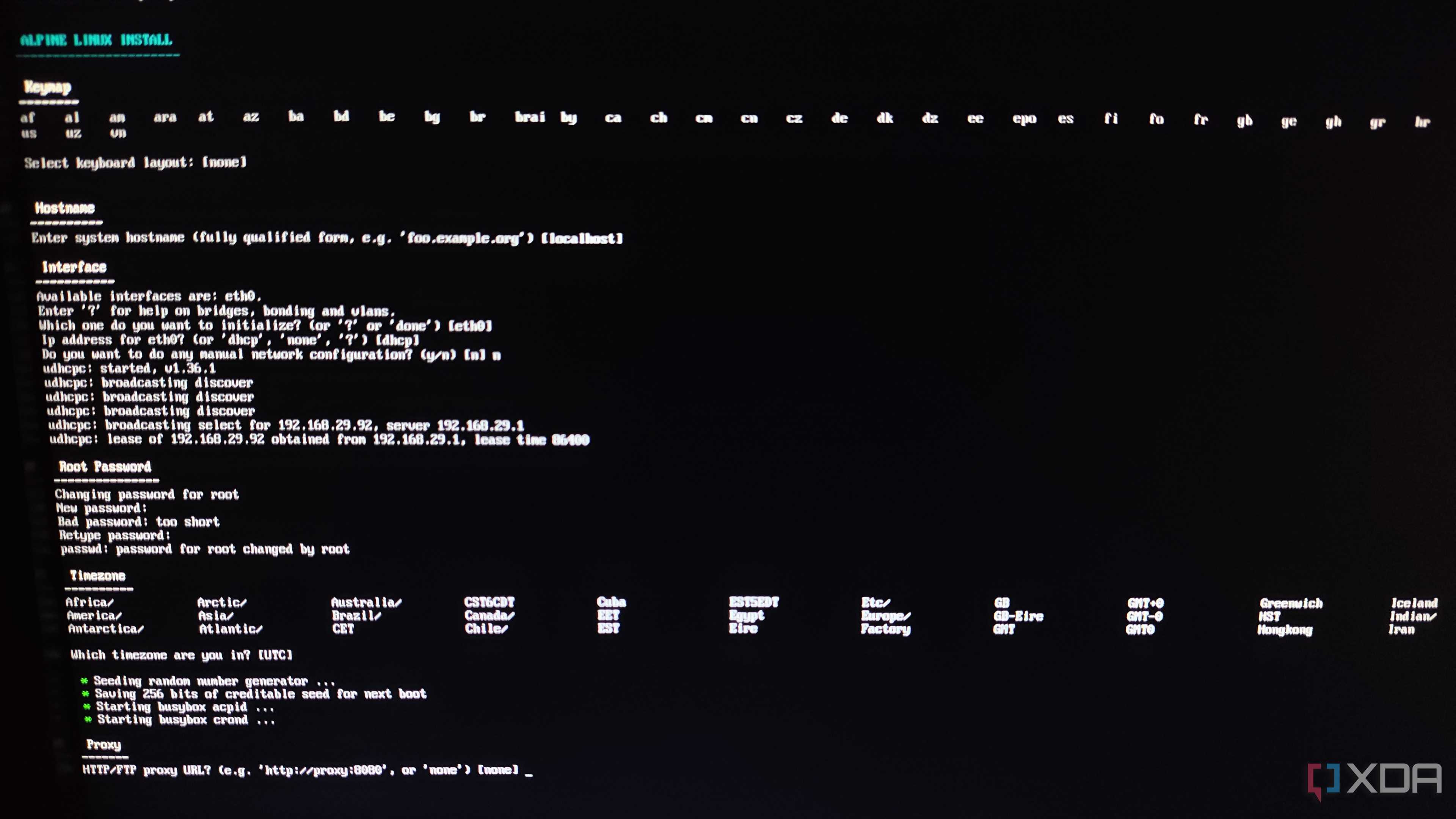 The network, timezone, interface, and other settings in the Alpine Linux installation screen