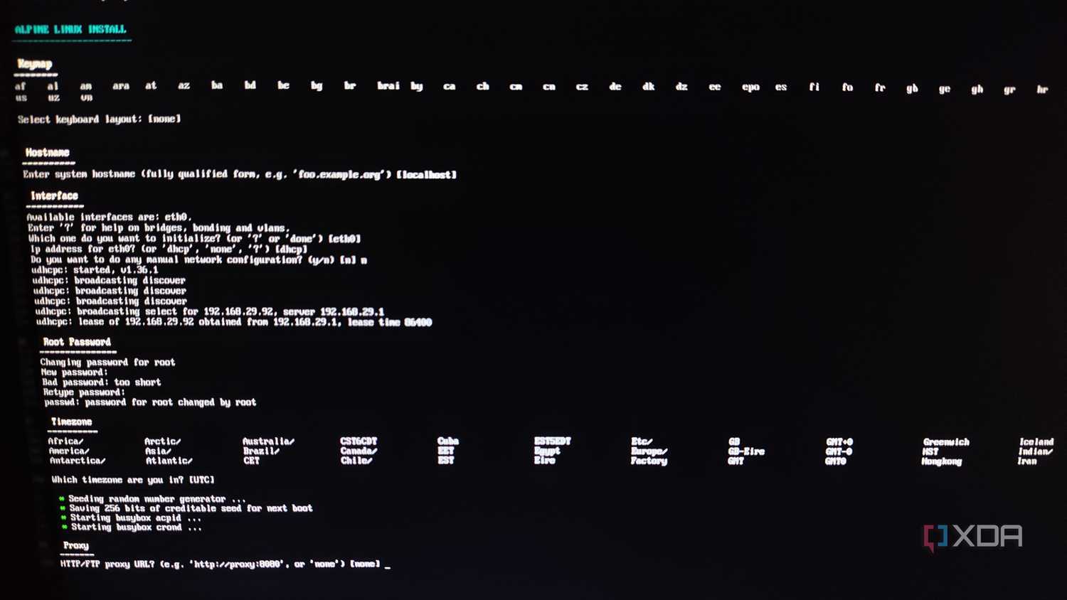 The network, timezone, interface, and other settings in the Alpine Linux installation screen