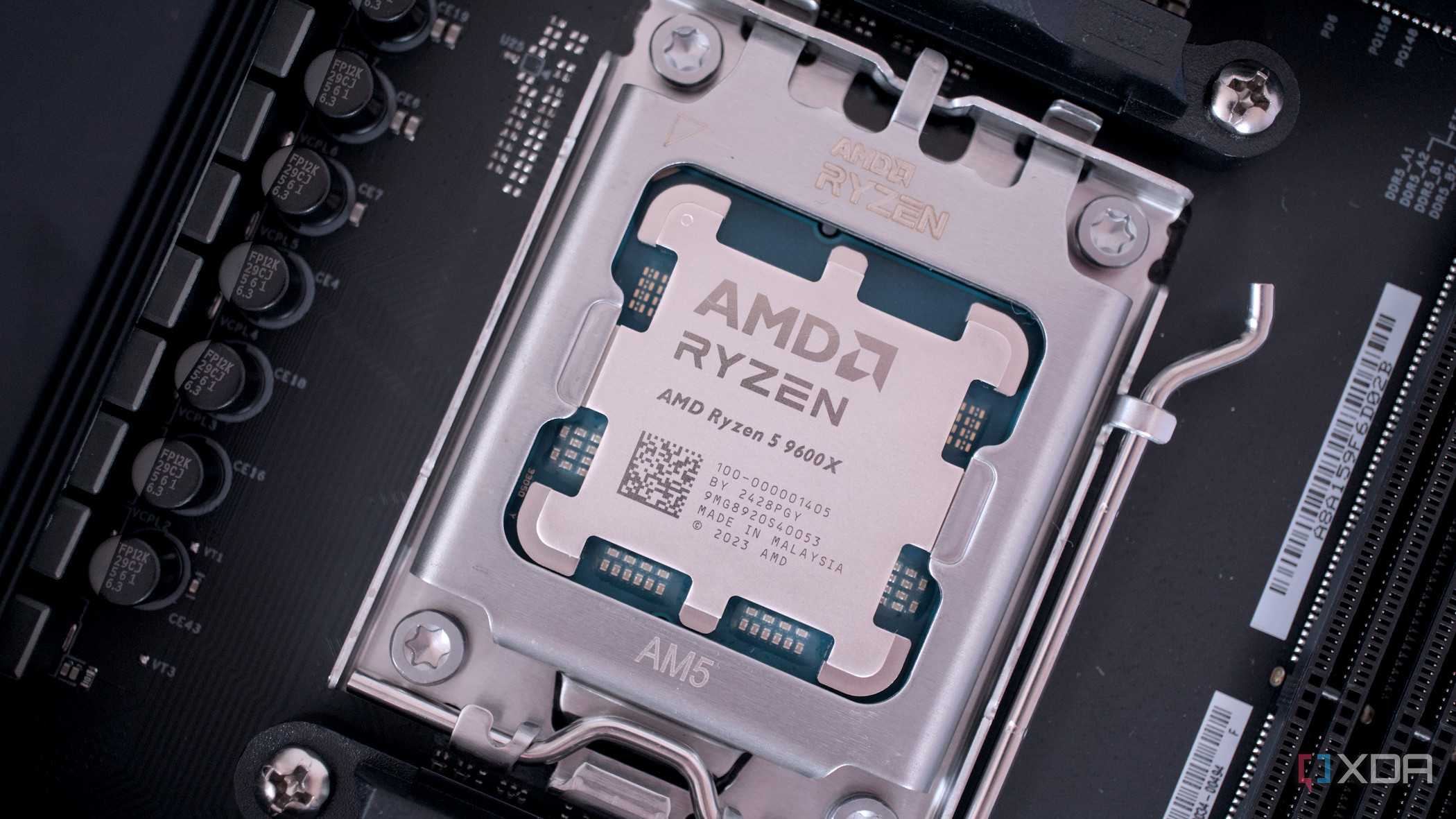 An image of the AMD Ryzen 5 9600X installed on a motherboard.