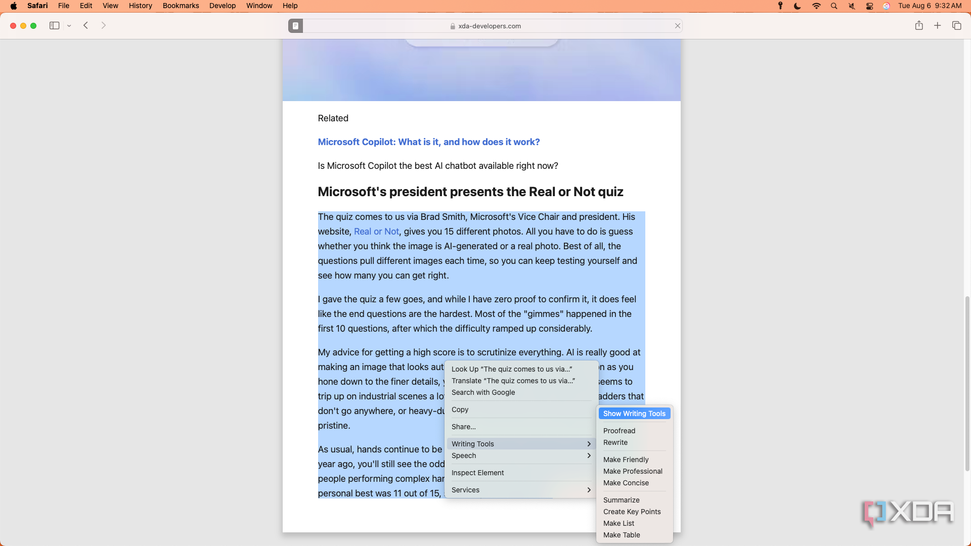 The writing tools right-click menu in macOS.