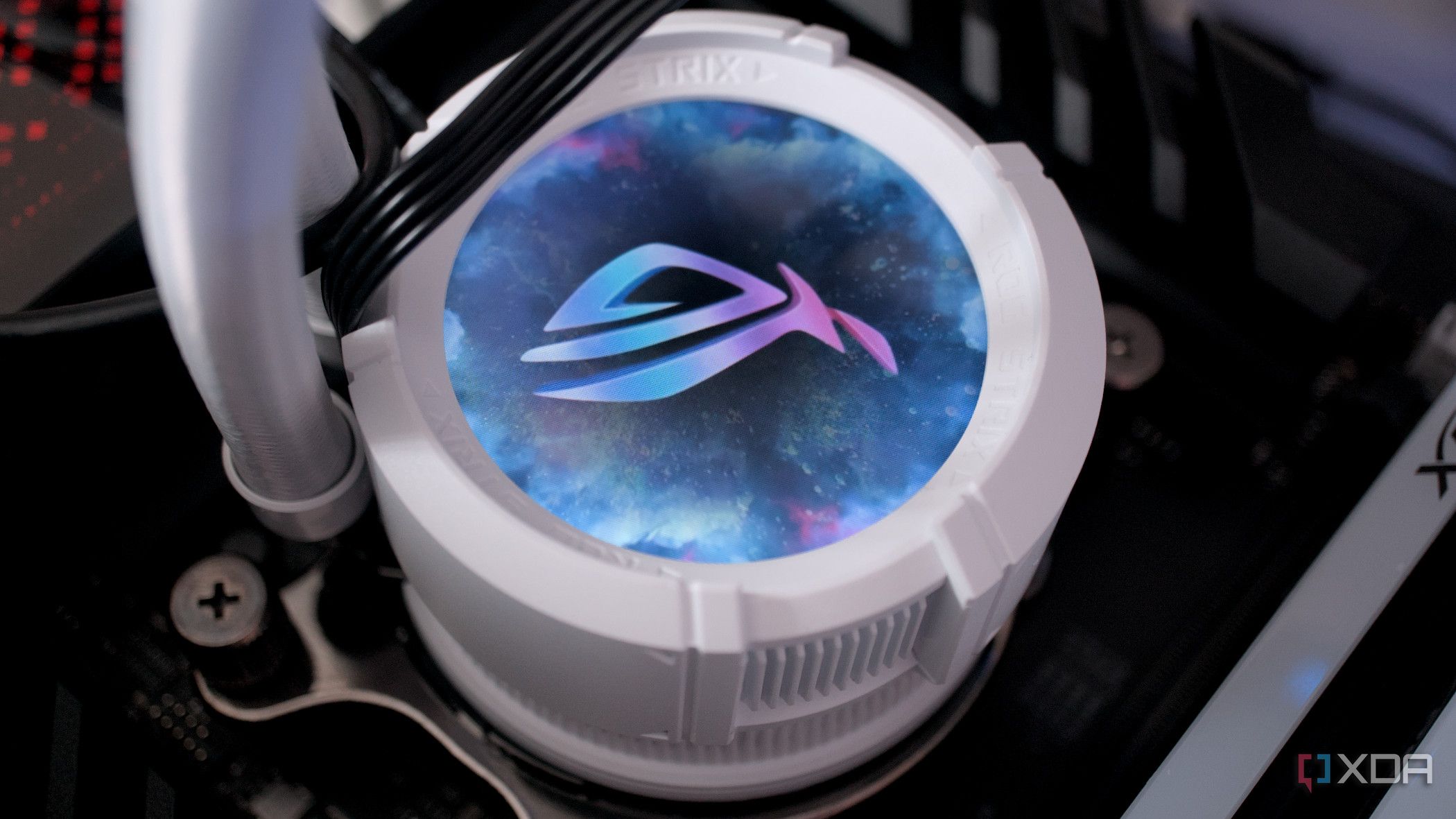 An image featuring Asus ROG Strix LC III 360 ARGB CPU cooler with its display on.