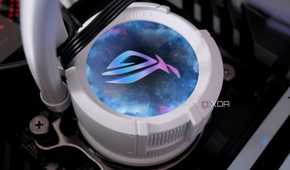 An image featuring Asus ROG Strix LC III 360 ARGB CPU cooler with its display on.