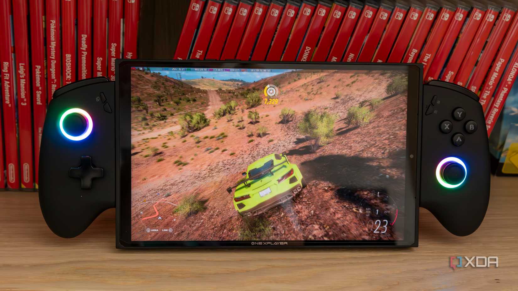 A ONEXPLAYER X1 Mini gaming handheld running Forza Horizon 5 on Bazzite