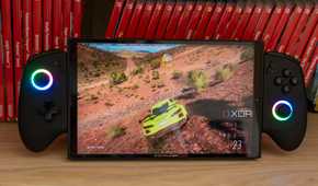 A ONEXPLAYER X1 Mini gaming handheld running Forza Horizon 5 on Bazzite