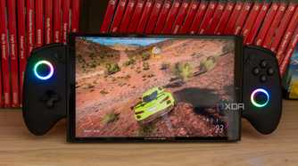 A ONEXPLAYER X1 Mini gaming handheld running Forza Horizon 5 on Bazzite