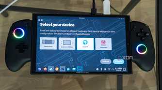 A ONEXPLAYER X1 Mini gaming handheld displaying the setup process for EmuDeck, asking the user what device is being used