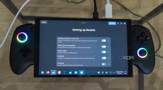 A ONEXPLAYER X1 Mini gaming handheld displaying the Bazzite setup screen with a list of things the user can choose to install