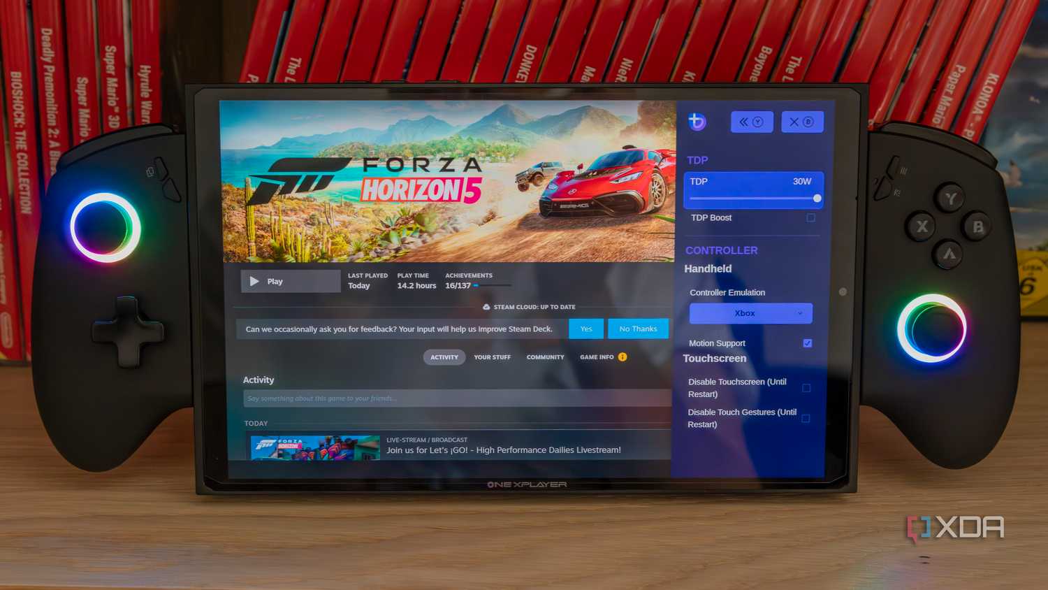 A ONEXPLAYER X1 Mini gaming handheld displaying a Steam page for Forza Horizon 5 with an overlay showing settings for the processor's TDP
