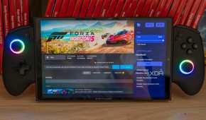 A ONEXPLAYER X1 Mini gaming handheld displaying a Steam page for Forza Horizon 5 with an overlay showing settings for the processor's TDP