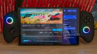 A ONEXPLAYER X1 Mini gaming handheld displaying a Steam page for Forza Horizon 5 with an overlay showing settings for the processor's TDP