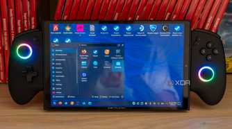 A ONEXPLAYER X1 Mini gaming handheld displaying the KDE desktop environment with the Applications menu open