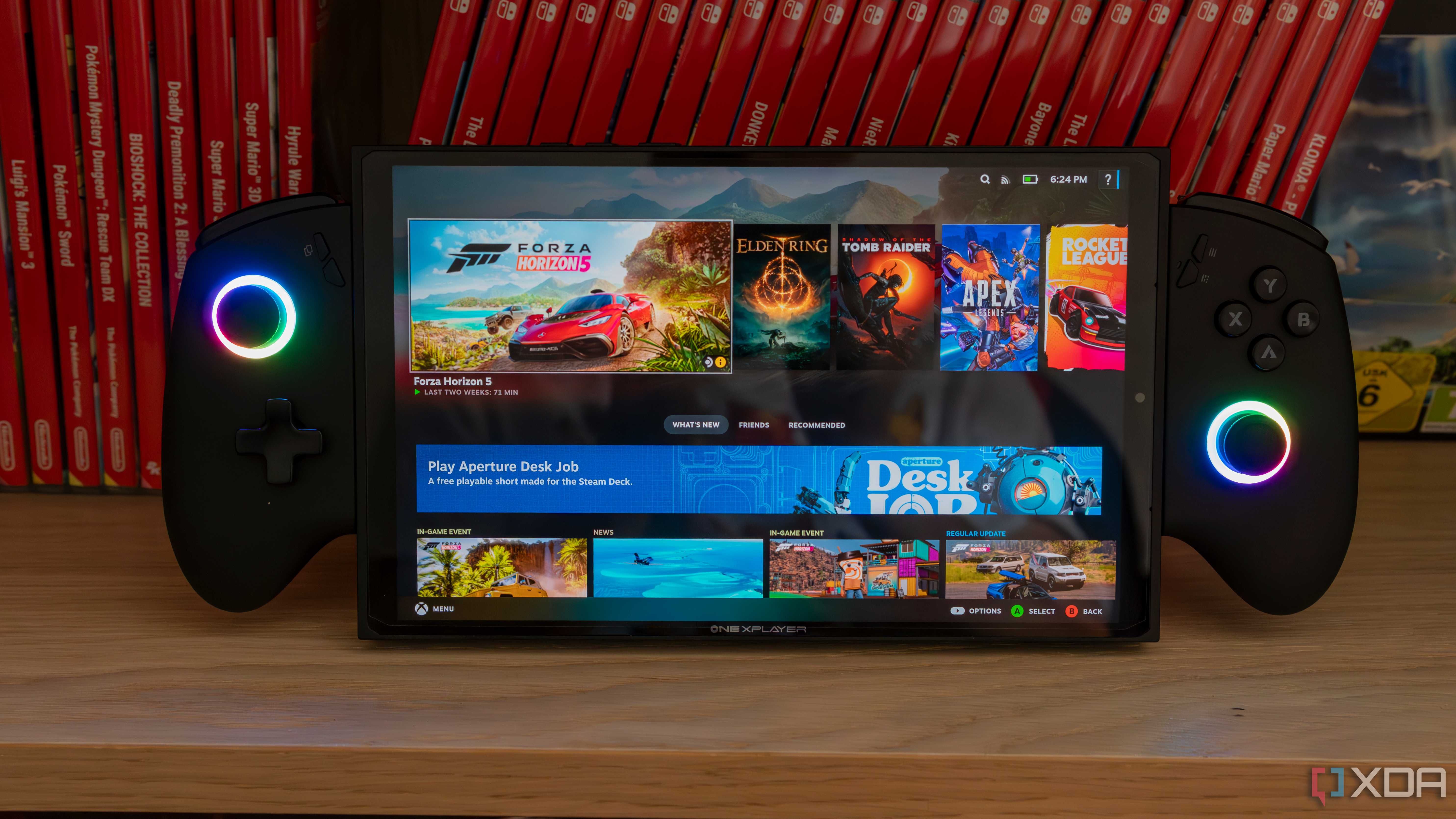 A ONEXPLAYER X1 Mini gaming handheld displaying the Steam gaming UI homepage