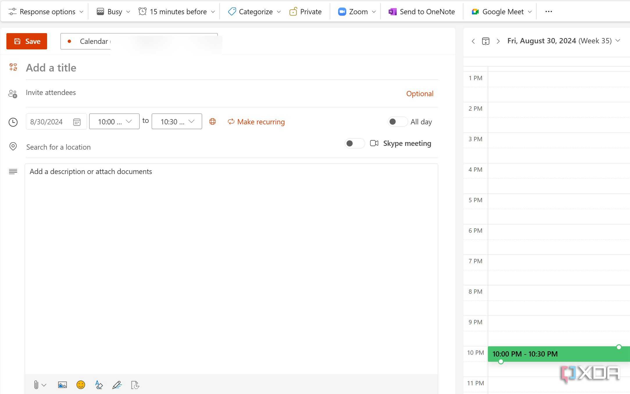 Outlook Calendar create an event