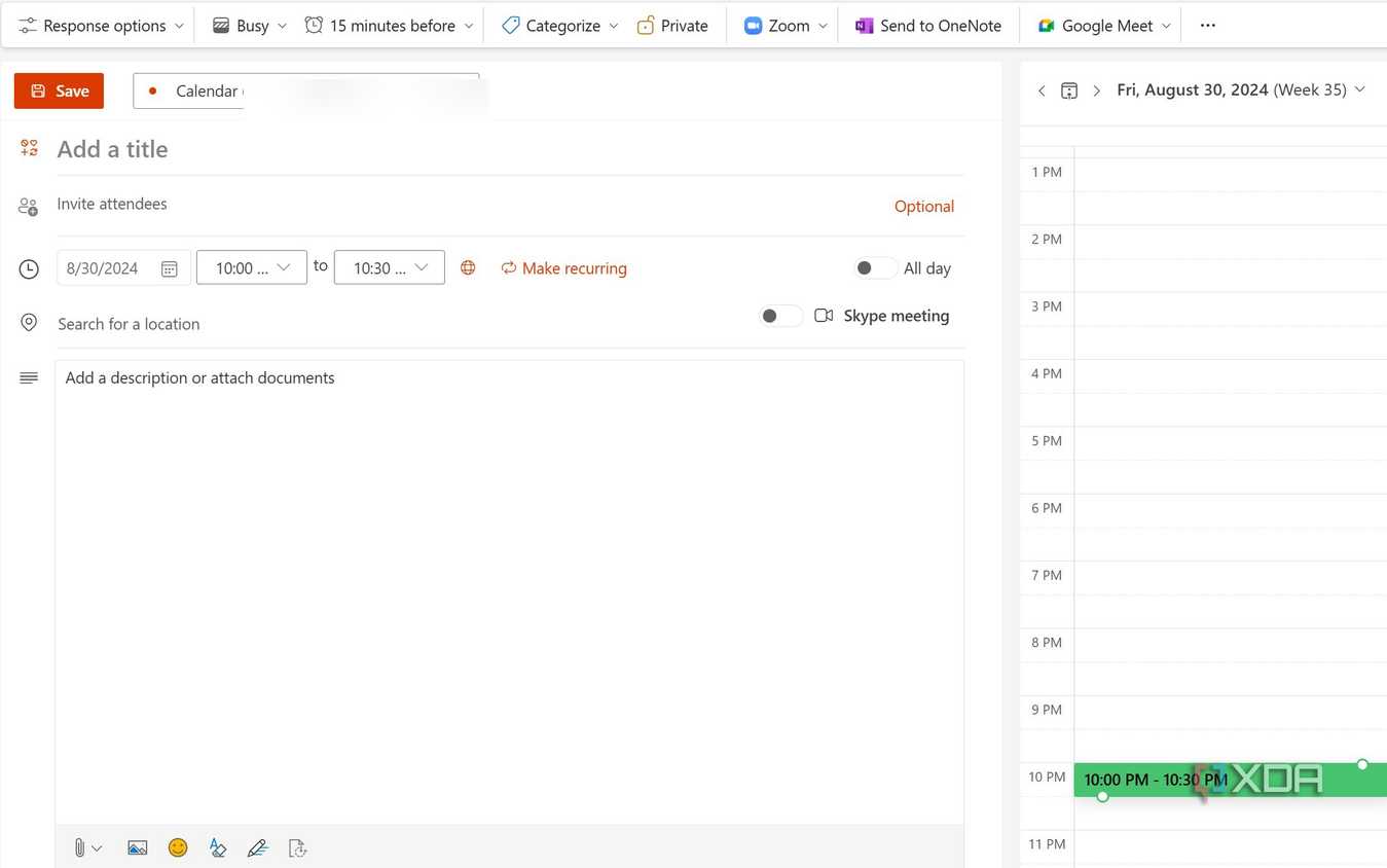 Outlook Calendar create an event