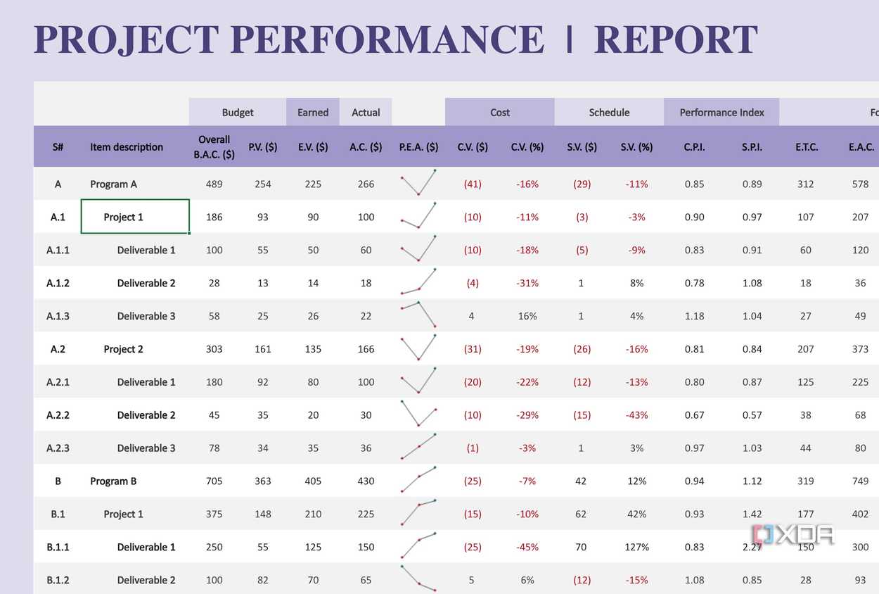 Project performance report in Excel