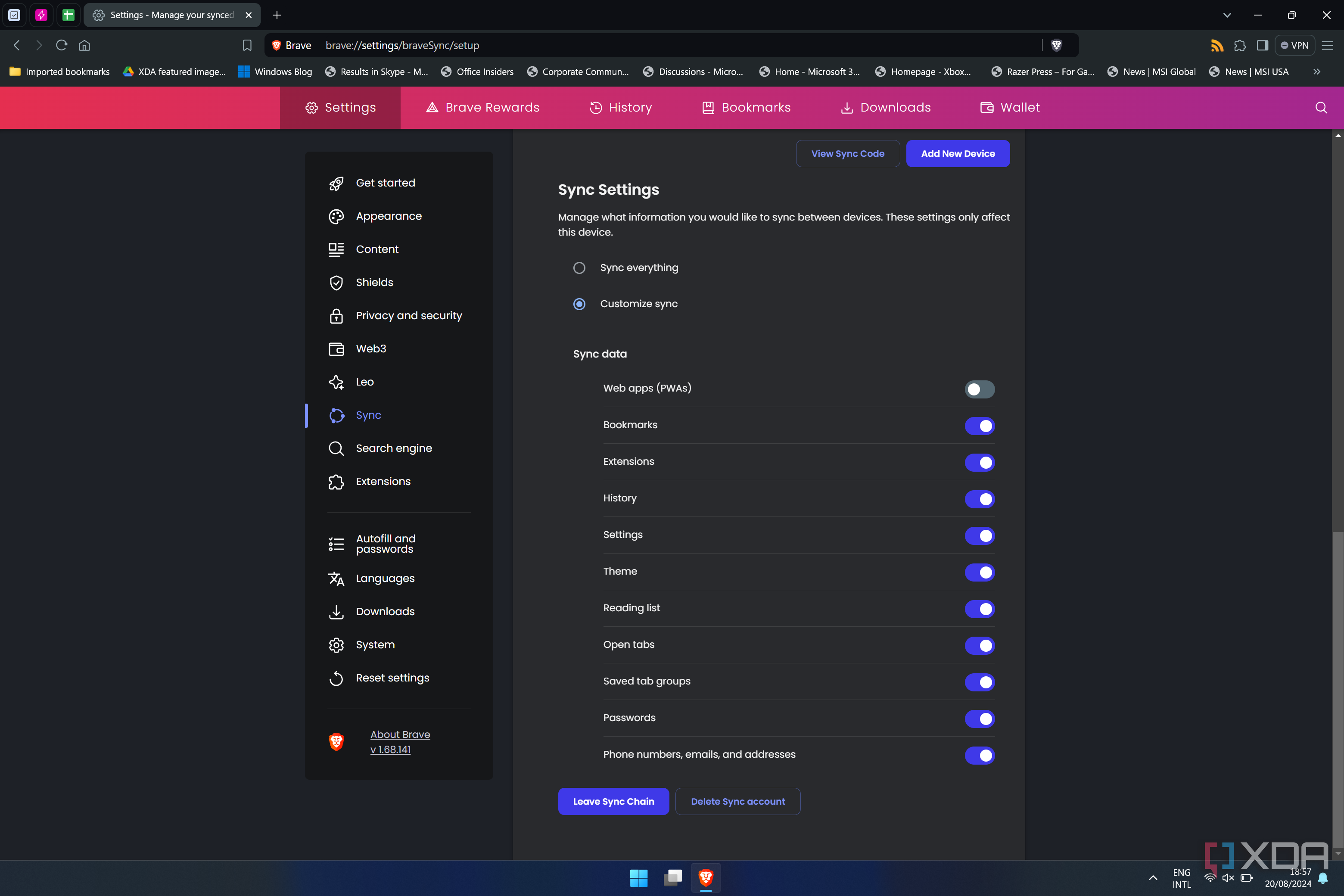 Screenshot of sync settings in Brave browser